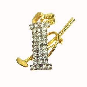 Vintage Gold-Tone Rhinestone Golf Bag & Clubs Brooch Pin